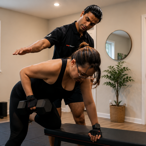Home personal trainer guiding a client through a workout session in Dubai