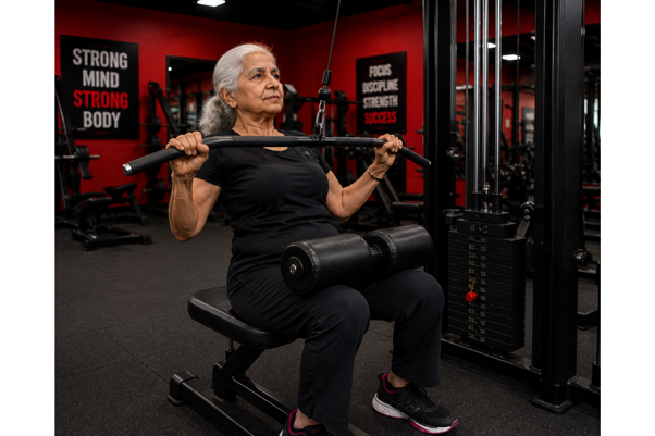 Senior doing home personal training with a fitness trainer in Dubai Senior doing home personal training with a fitness trainer in Dubai