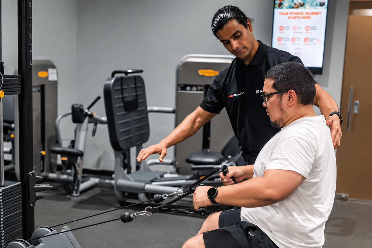 Beginner learning gym exercises with personal trainer Beginner learning gym exercises with personal trainer